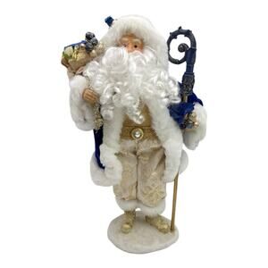 Santa Claus Christmas Doll Blue White Staff Standing Tabletop Decor 17” EUC VTG